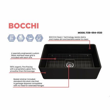 BOCCHI Classico Farmhouse Apron Front Fireclay 30 in. Single Bowl Kitchen Sink in Matte Black 1138-004-0120